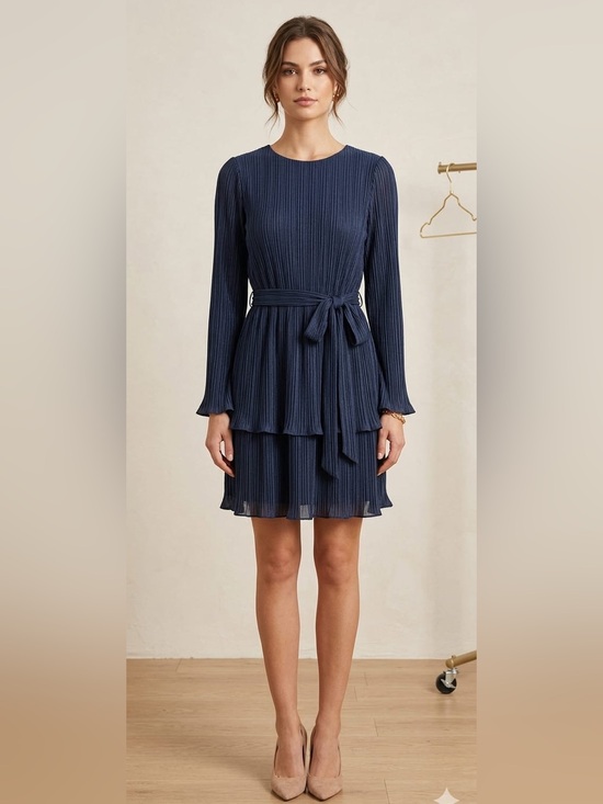 Dresses & Skirts - Women's Navy Long-Sleeve Pleated Tie-Waist Dress